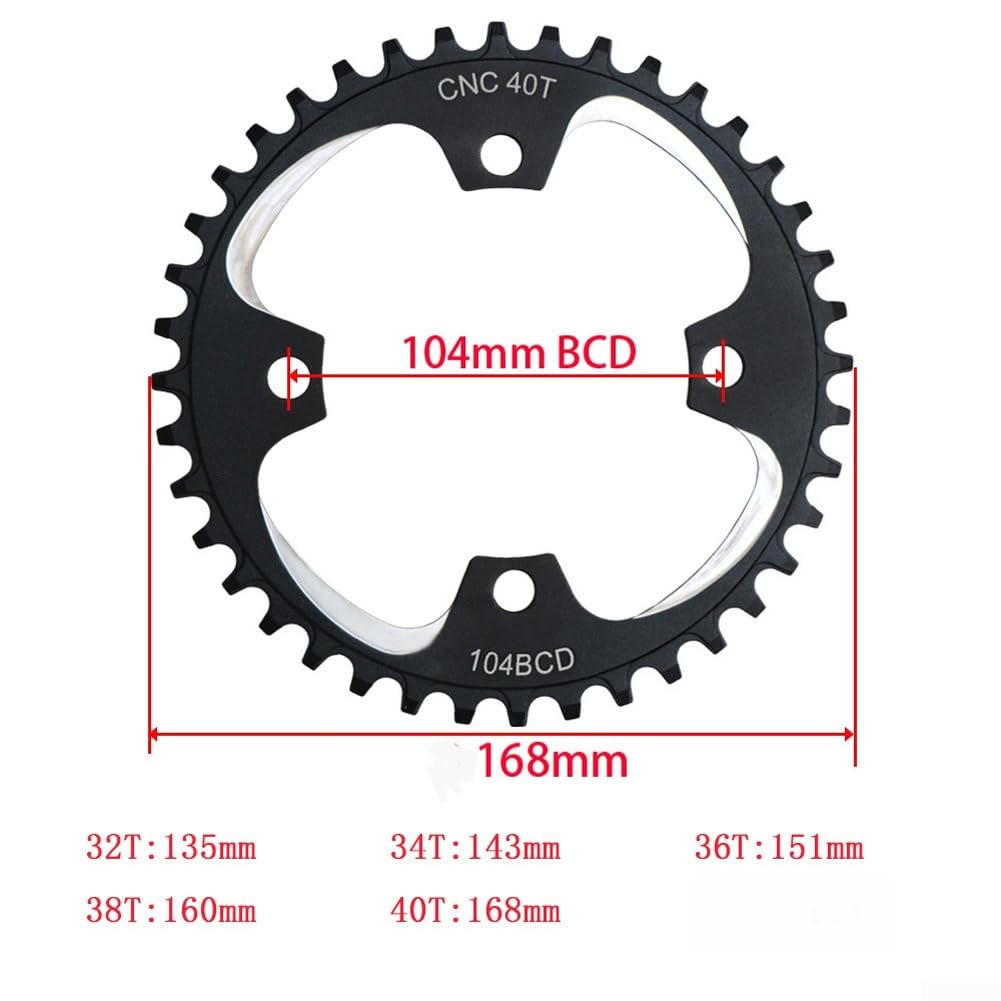 Generisch Guarnitura per bicicletta in lega di alluminio, 170 mm, con foro circolare 104BCD per mountain bike, corona a 4 fori, compatibile con 32/34/36/38/40 denti, nero (36T)