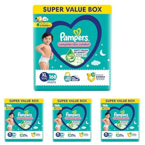 Image of Pampers Complete Skin Comfort Pants, X-Large (XL), 168 Count, Anti-rash blanket, Lotion with Vitamin E & Aloe Vera, 12-17kg (Pack of 4)
