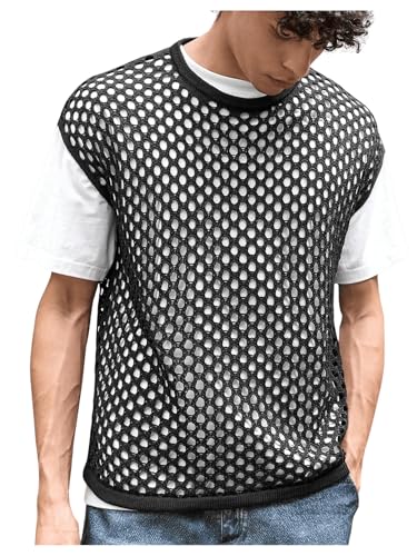 Floerns Men's Hollow Out Crew Neck Sweater Vest Cap Sleeve Casual Knitwear Tops