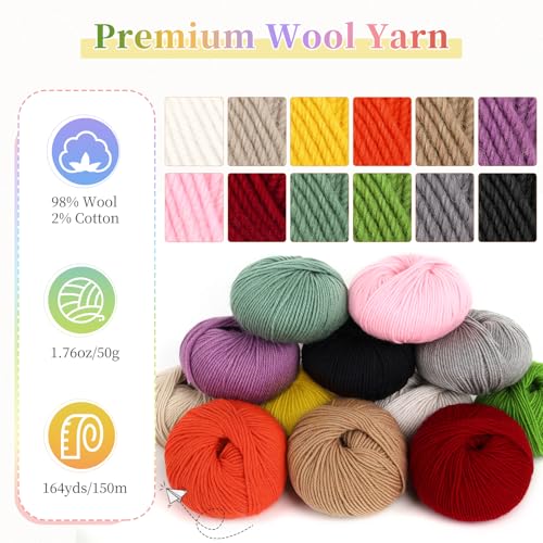 Image of Coopay Crochet Yarn Kits for Beginners, 12 Packs Wool Yarn for Knitting | Wool Blend Yarn- 60% Wool 40% Polyester - 1.76oz, 164yds, #3 DK Yarn - Yarn for Crafts, Scarves, Blankets (Multicolor A)