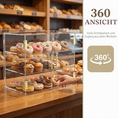 Cityjoy 3-stöckige Aufsatzvitrine mit elastischer Autotür, 49,5 x 37,8 x 26,2 cm, Acryl, Gebäckvitrine, Lebensmittelvitrine, Box für Brot, Dessert, Kekse, Backen