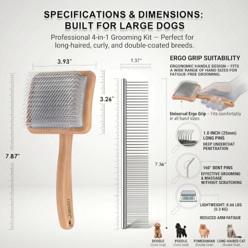 Image of Slicker Brush for Dogs, Professional Dog Grooming Brush Kit 4PCS | Doodles Brush for Goldendoodles Poodles, Long Pin Haired Brush, Easy to Daily Detangling to Prevent Matting