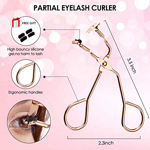 Eyelash Curler,Hizek 3 in 1 Mini Eyelash Curler Kit with Partial Eyelash Curler,Eyelash Extension Tweezers and Silicone Refill Pads,for Eyelashes Curling Natural and Long Lasting (Rose Gold) - Thumbnail 4
