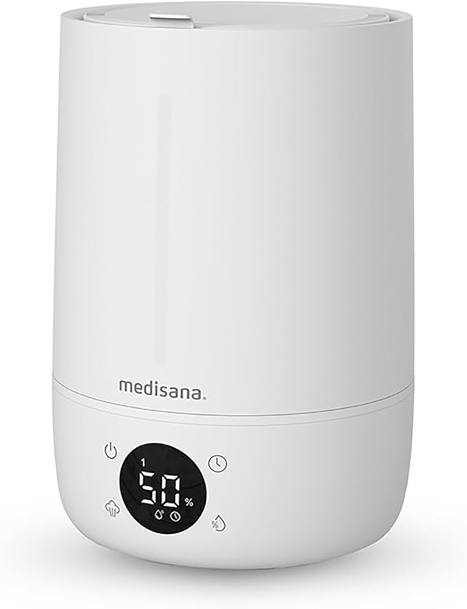 medisana AH 663 humidificador de aire con higrómetro y tecnología ultrasónica, ambientador silencioso con pantalla LED, temporizador y modo sleep, umificador para bebes, oficina, dormitorio, salón