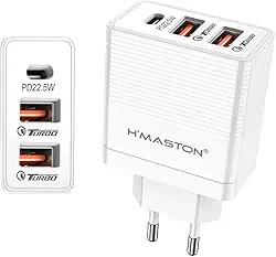 H'MASTON Fonte Carregador de Parede 67.5W Carregador Turbo Universal com 2 USB Saída 20W + 1 Tipo C 22.5 Power Compatível com iPhone Android LR13-4 (BRANCO)