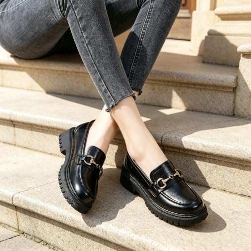 Image of OKJ Loafers Women Black Platform Penny Chunky Business Casual Office Shoes