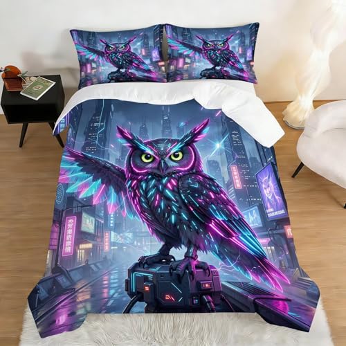 Image of Owl Comforter Set Full Size Robot Bird Bedding Sets for Boys Girls Kids Teens Bedroom Decor 3D Neon Sci-Fi Cyberpunk Animal Quilt 1 Comforter 2 Pillowcases