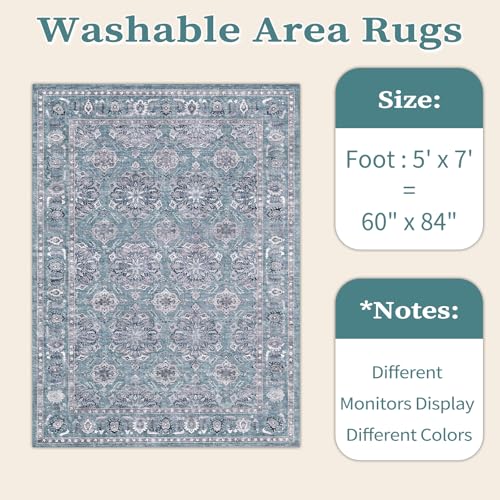 SERISSA Boho Area Rug 5x7 Blue Grey, Washable Large Rugs for Living Room, Ultra Soft Non-Slip Bedroom Rug Print Distressed Vintage Floral Carpet Rug for Dining Room Dorm Office Home Decor