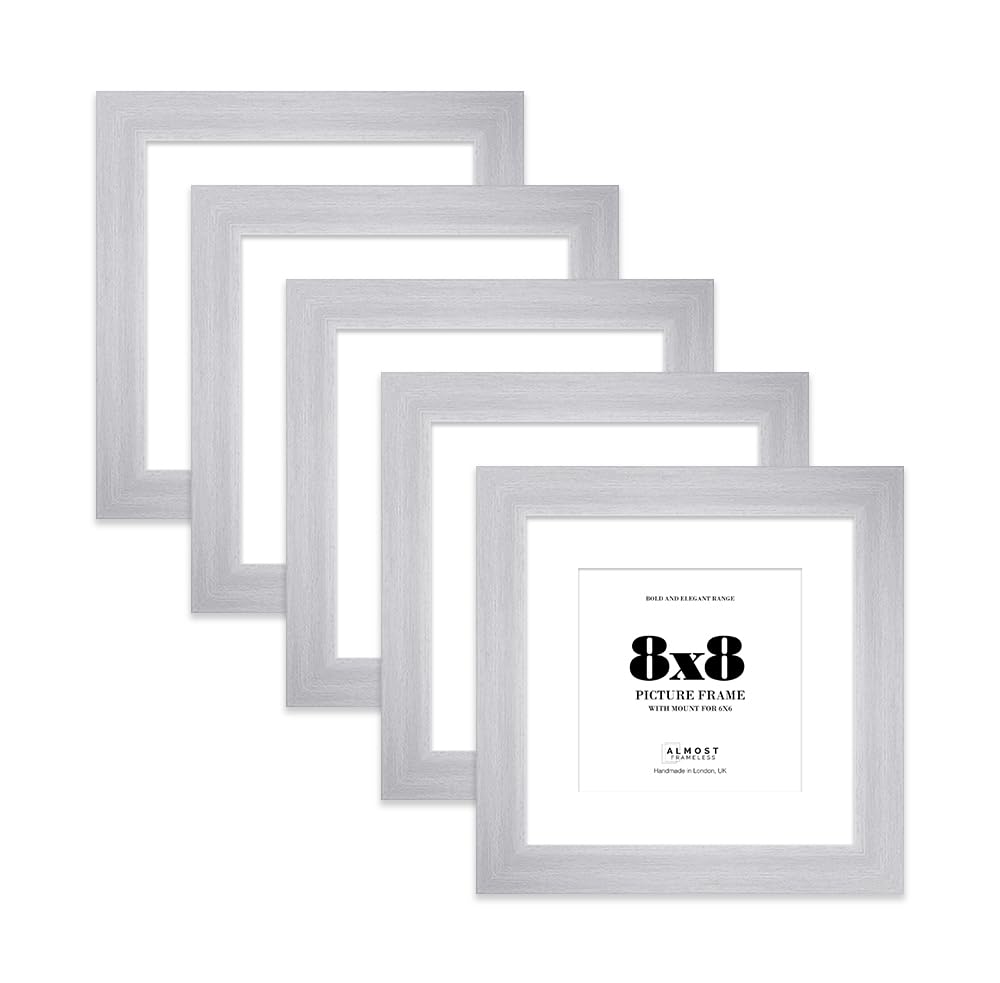8x8" Silver Square Frame With Mount for 6x6" Pictures 28mm Edge Frame Display with Wall Hooks and Kickstand, 5 Pack