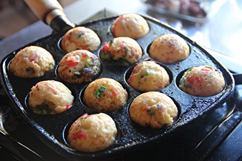 Hinomaru Collection Cast Iron Takoyaki Pan Savory Octopus Balls Griddle Maker Mold Pan (12pc Single Handle)
