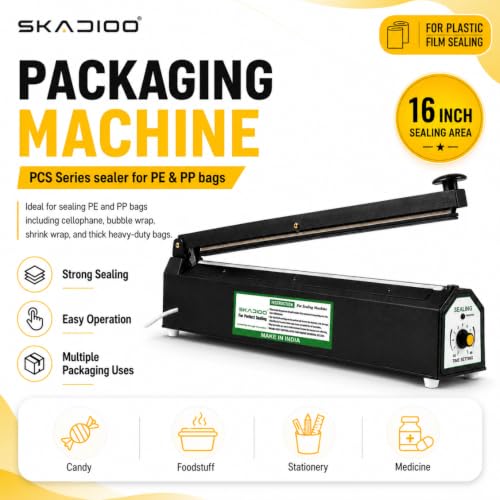 Image of SKADIOO Sealing Machine for Food Packets | 16 Inch Black Metal Body Heat Sealer with Adjustable 8 Level Timer Control | Hand Press Packet Sealer Machine for Plastic Bags, PE & PP Bags, Home & Shop Use