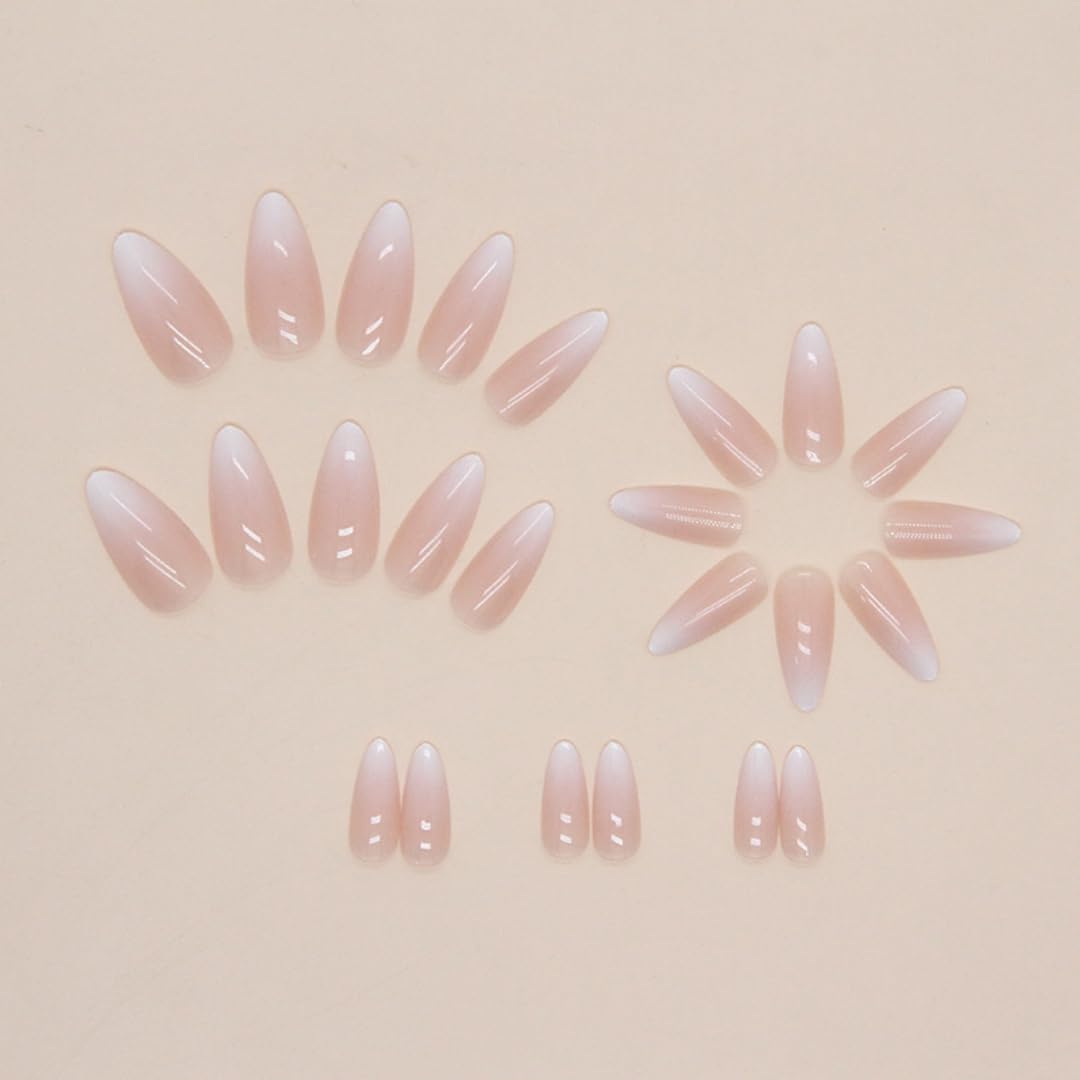 KQueenest Ombre Press on Nails Almond, French Tip False Nails Medium Stiletto, Gradient Nude Pink Fake Nails Press ons - Image 4