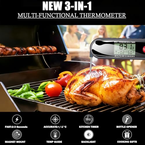 Image of 3 in 1 Meat Thermometer Digital with Beer Bottle Opener, Built-in a Kitchen Timer. Waterproof, Large Backlit Screen, Perfect Kitchen Accessories,BBQ Grill Cooking Gifts for Men,Fathers Day Gift