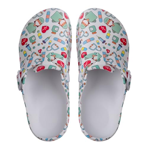 ELIOGN Zuecos de jardín para mujer, cómodos y ligeros, con correas y bonitos patrones, impermeables, Cirujano, 36 EU