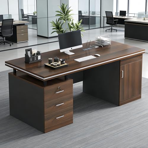 La mejor selección de Escritorios en L para Oficina los más solicitados. 45 TRIUMPHKEY Escritorio para Computadora Minimalista con Gabinete y 3 Cajones De Almacenamiento Retro Industrial Desk con Cerradura y Librero para Oficina140x60x75.6CM (Marrón)