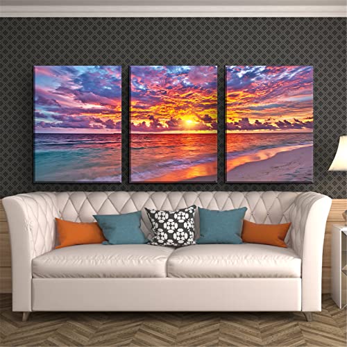 Beach Prints Home Wall Art - Sunset Coastal Seascape Pictures Red Ocean Scenery Poster Artwork Framed 12 X 16 Inches Sea Canvas Paintings 3Pcs Teens Bedroom Bathroom Living Room Kitchen Décor #TOP6