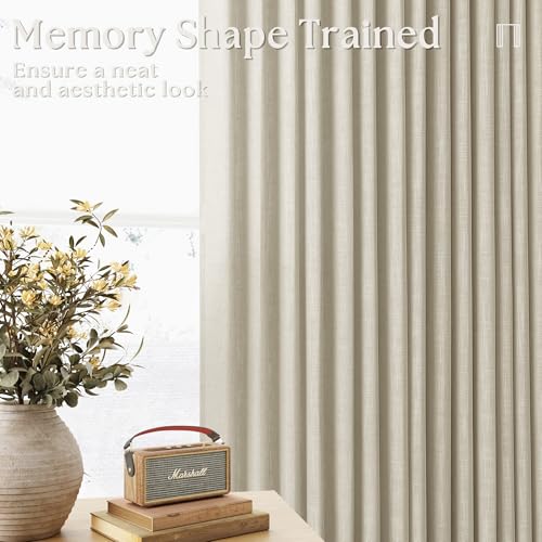 Image of Beige Pinch Pleated Linen 72 Inch Curtains 2 Panels for Living Room Bedroom Memory Training Shaped Neutral Semi Sheer Short Pleat Drapes with Hooks Rings Back Tab Window Curtain Cabin Closet 40x72