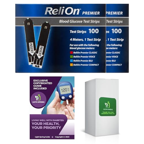 ReliOn Premier Blood Glucose Test Strips 100Ct (2 Pack) Bundle with Exclusive Living Well with Diabetes: Your Health, Your Priority - Better Light&Spring Guide (3 Items)