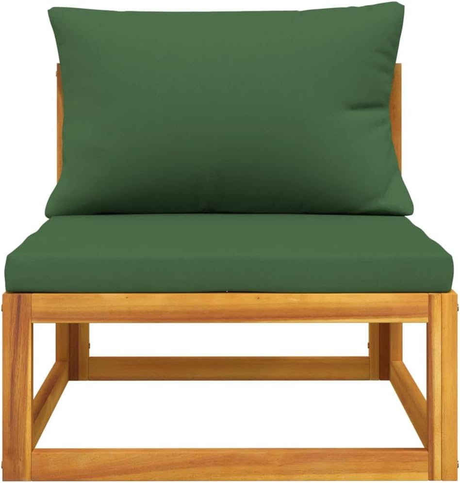 Patio Middle Sofa with Green Cushions, Solid Wood Acacia Outdoor Sectional Furniture Middle Sofa with Comfy Cushions for Balcony Patio Garden Poolside, -601