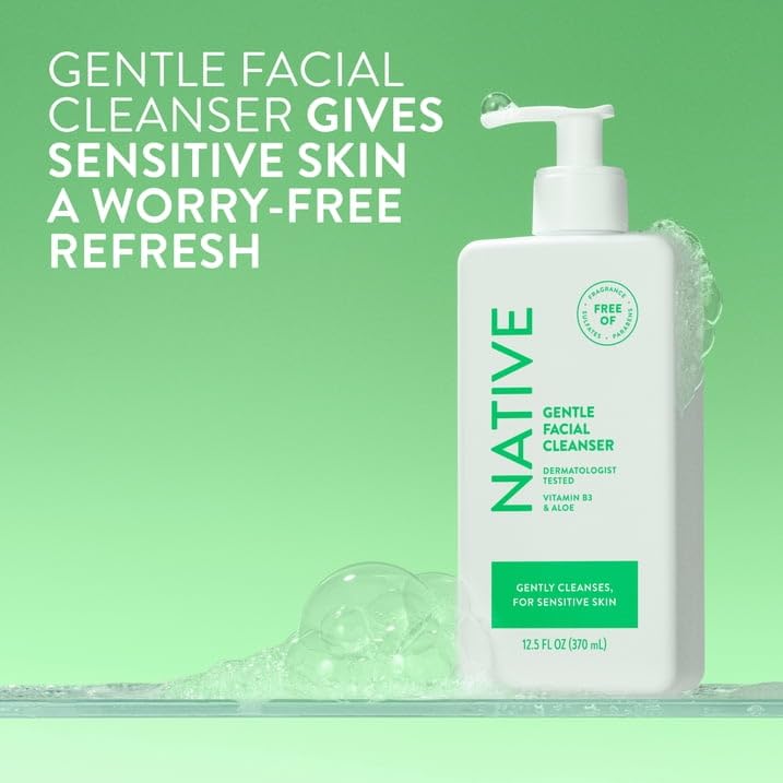 Native Gentle Facial Cleanser for sensitive skin, Fragrance Free, Sulfate Free, with Vitamin B3 and Aloe, Dermatologist Tested, 12.5 oz with Travolle Dispenser Pump