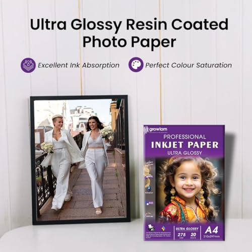 Image of Growlam Ultra Glossy Photo Paper 275 GSM A4 Size, 20 Sheets (Pack of 3) | Resin Coated Surface, Waterproof Technology, Tropical Climate Durability, Realistic Color Reproduction, Stunning Visual Depth