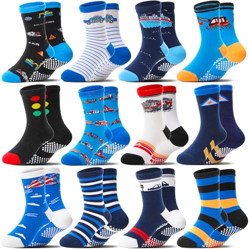 Welwoos Baby Boys Grips Socks Kids Toddlers Infants Non Slip Anti Skid Funny Animal Cartoon Gift Cotton Truck Socks with Grippers 12 Pairs Stocking Stuffers (Cars 3-5 Y)
