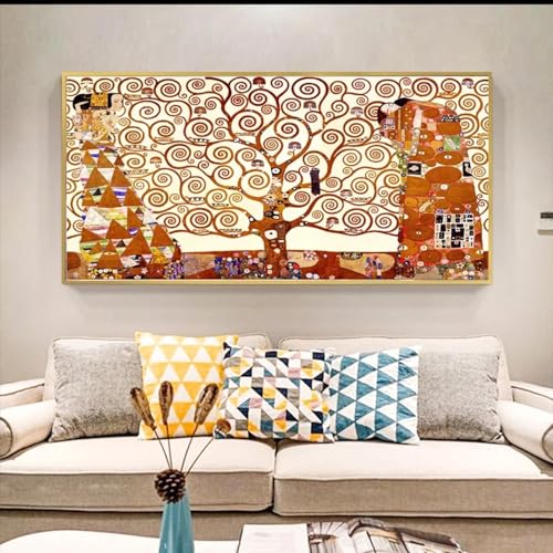 Peinture sur toile arbre de vie Klimt de prestige tableau grand format 55x110cm cadre or