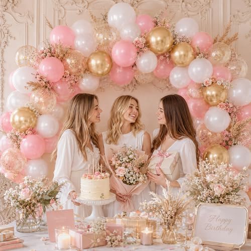 Image of Pink White Gold Balloons, 12 Inch Double Stuffed Pearl Pale Baby Light Pink White Sand Metallic Gold Latex Balloon Polka Dot Balloons for Fairy Birthday Wedding Baby Bridal Shower Party Decorations