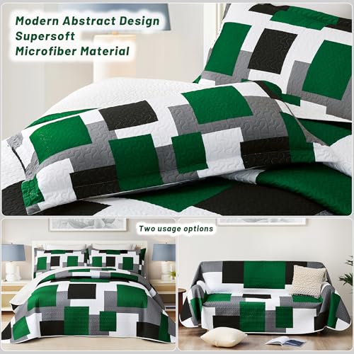 Image of Tyrot 3 Piece Green Quilt Full /Queen Size Green Black White Bedding Set | Lightweight Bedspread, Geometric Coverlet with 2 Sham, Modern Abstract Soft Microfiber, Bed Cover for All Season, 90''x96''