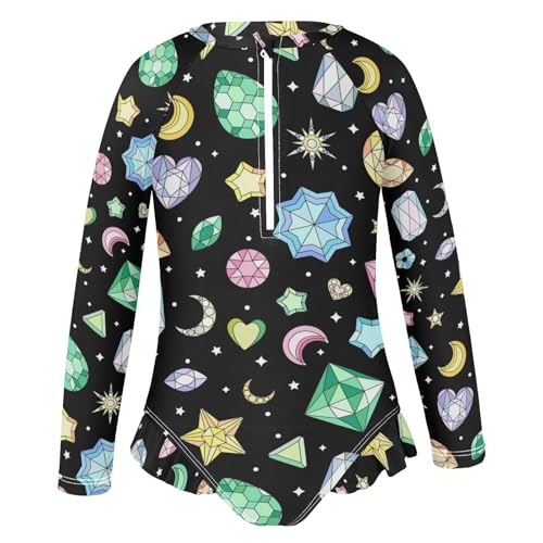 Wusikd Girls Long Sleeve Swimsuit Shiny Rhinestones One Piece Bathing Suit Zipper Golden Stars Swimwear Sun Protection 5-6T2