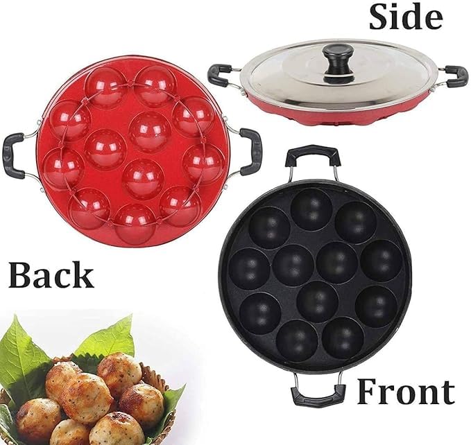 Image of Non-Stick 12 Cavity Appam Patra Pan with Stainless Steel Lid | 2 Side Handle | Multipurpose Appam Maker | Appam Patra | Appam pan | Litti Maker | Appe Stand | Dishwasher Safe (Red)