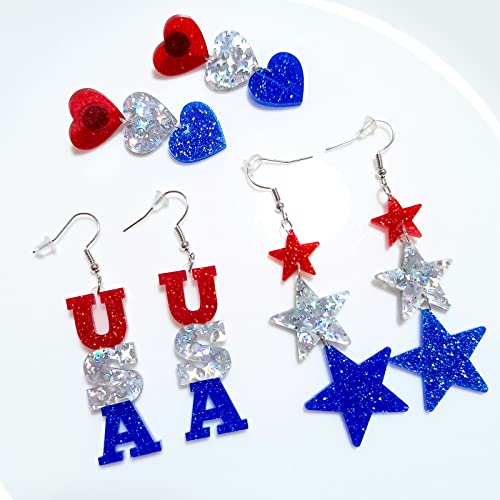 Patriotic Dangle Drop Stud Earrings Glitter Red White Blue Usa Star Heart American Flag Acrylic Jewelry Women Girls Forth 4Th Fourth Of July Independence Memorial Day Party Favor Gift #TOP4
