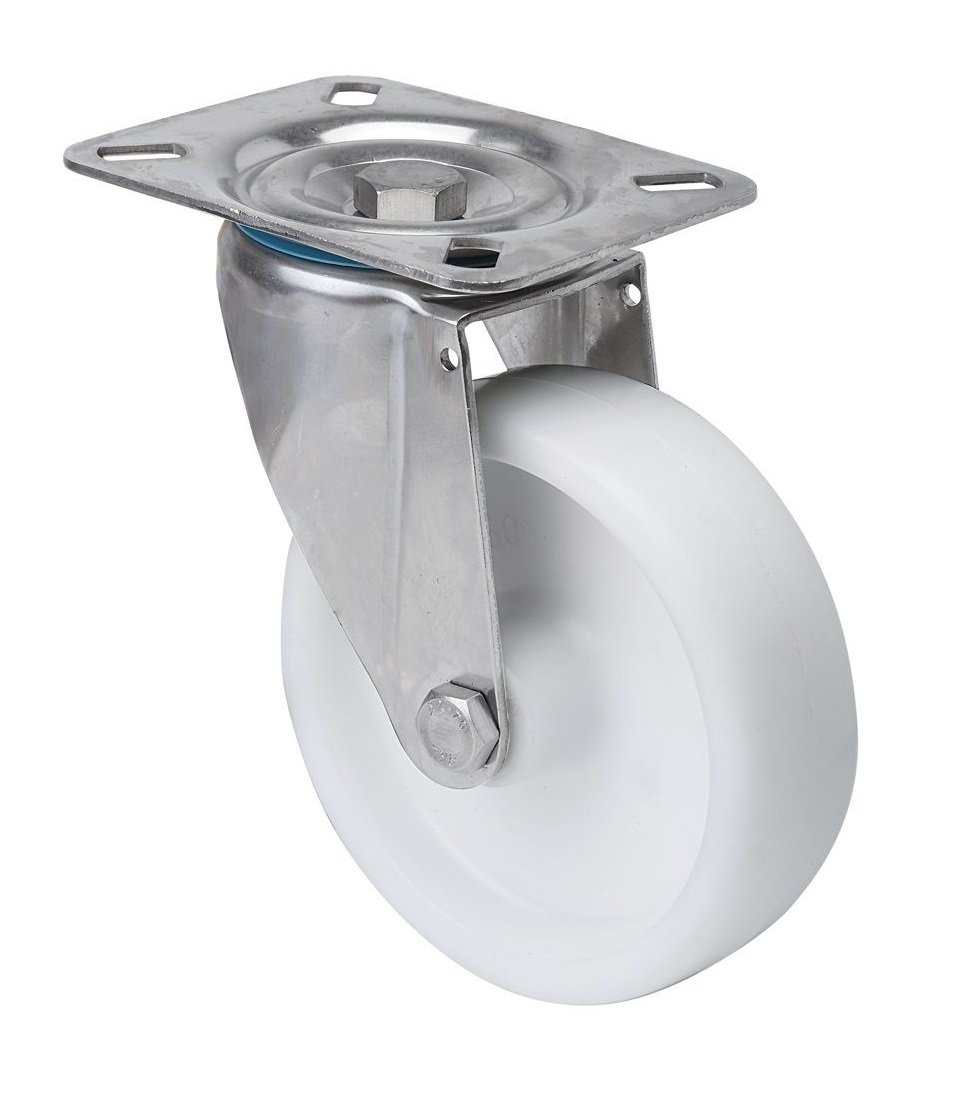 Satz je 2 Transportgeräterolle Bockrolle Lenkrolle Edelstahl 80 mm Rad aus Polyamid Anschraubplatte V2A INOX Edelstahlrolle Polyamidrad