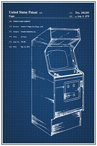 Laminated Retro Arcade Video Game Cabinet Official Patent Blueprint Poster Dry Erase Wall Art 16x24