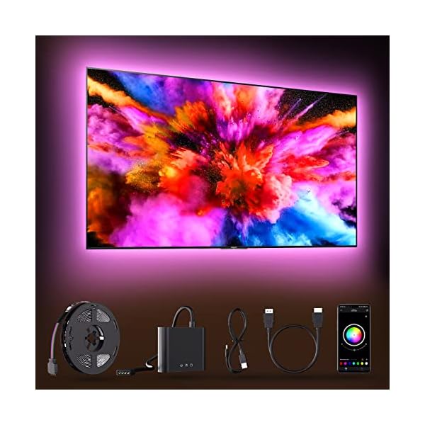 TV LED Hintergrundbeleuchtung mit HDMI Sync Box, Backlight Unterstützung von 1080P@60Hz Pure Color Lighting Effect, App Steuerung, Umgebungsbeleuchtung für PCs unter 65 Zoll…