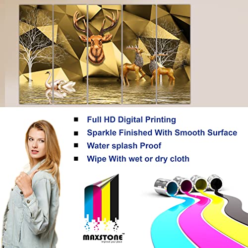 Image of Maxstone Beautiful Goldan Deer Nature Wall Painting Animals Painting Bards, Multiple Panlas Living Room,Bedroom,Office Big Size Wall Painting Set Of-5 (30x60 inch) M1256