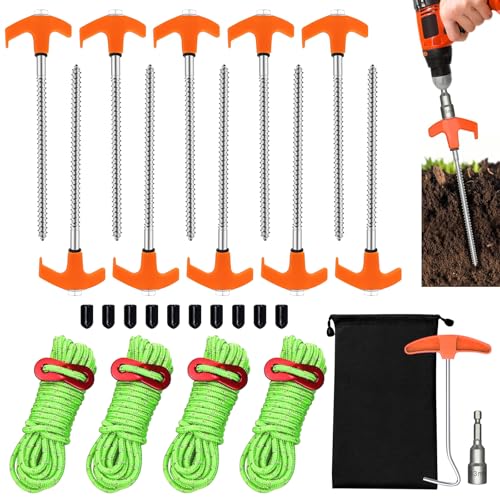 PLCatis 10x Piquetas Camping Suelo Duro, Piquetas Atornillables, Piquetas de Tierra a Prueba de Viento para Camping, con 10x Tapones Protectores y 4X Cuerdas para Tienda de Campaña