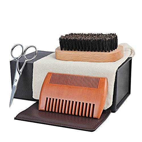 SELRSUF Beard Brush Mustache Comb and Stainless Scissors 6 Set for Men Maintains Soft Shiny Durable Wooden Grooming Kit Including Cotton Bag and Leather Case