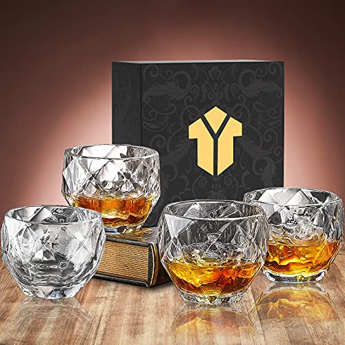 Crystal Whiskey Glasses Set of 4, 10 oz Rocks Glasses Lowball Scotch Glasses Bourbon Glasses Unique Old Fashioned Glasses with Gift Box
