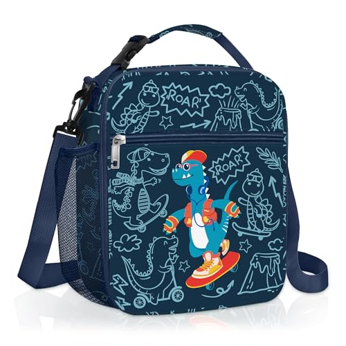 Clastyle Monster Insulated Kids Lunch Bag Large Thermal Cooler Bag for Boy Picnic School Lunch Box Tote,Skateboard Dinosaur