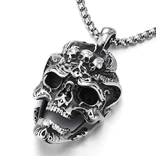 COOLSTEELANDBEYOND Mens Stainless Steel Large Vintage Skull Pendant Necklace with 30 inches Wheat Chain, Gothic Biker2