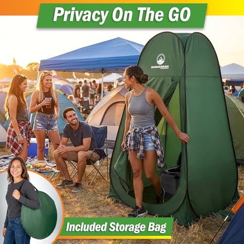 Image of Wakeman Pop Up Changing Tent, 3.3 x 3.3 x 6.2ft, Camping Shower Tent for Portable Toilet Stall or Dressing Room with Carry Bag for Camping, Beach, or Tailgate, Polyester