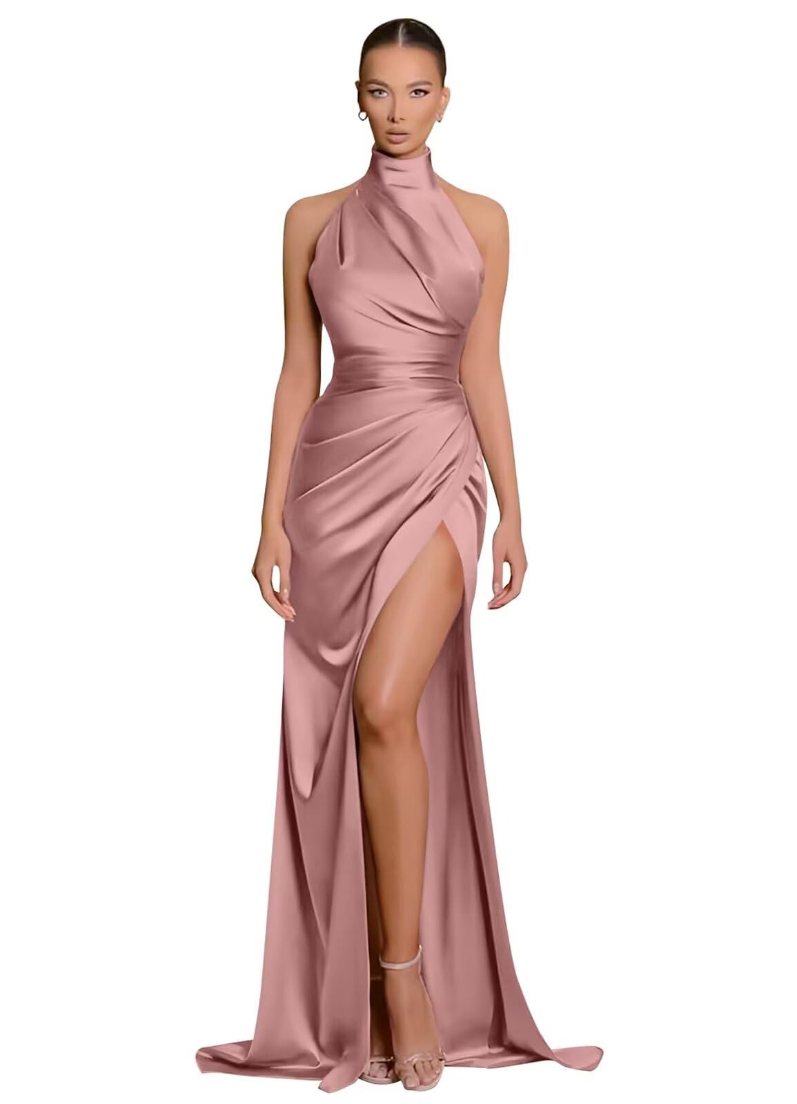 Clothfun Women's Halter Satin Bridesmaid Dresses Long Mermaid Prom Dress for Women Formal Gown with Slit