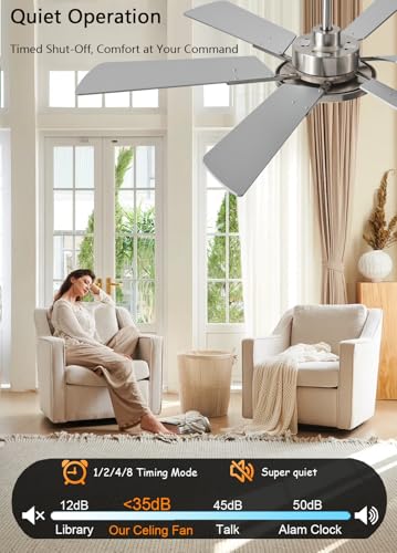 Image of JSAITEE 52 Inch Low Profile Ceiling Fan with Light, Remote & App Control, 3CCT Dimmable,6 Speed 6 Blades Ceiling Fans, Quiet Reversible DC Motor, Modern Nickel Ceiling Fan for Bedroom Living Room