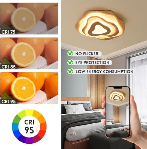 Plafonnier LED bois dimmable télécommande lampe plafond salon chambre 60cm