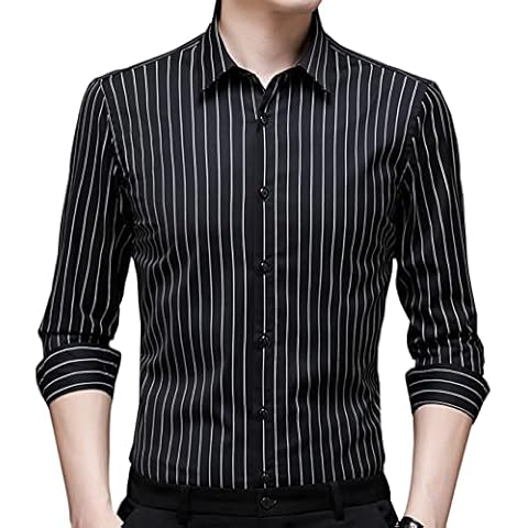XTAPAN Men's Casual Dress Shirt Slim Vertical Stripe Button Regular Cotton Long Sleeve Shirt N7387 Black US S Cover