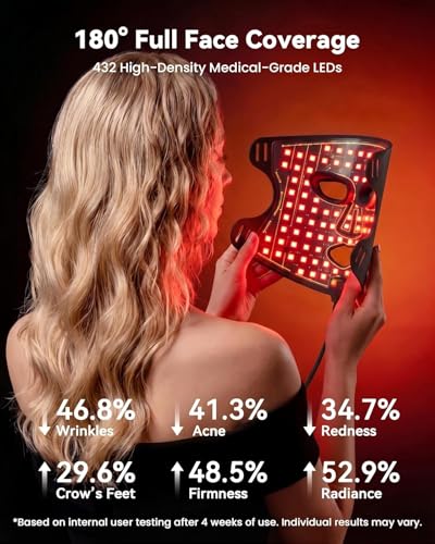 MICEYLIVE Red Light Therapy for Face Mask, Blue Light Therapy for Acne, Gifts for Women, Wrinkle LED Face Mask, 432 LED with Full Face Coverage & 3 Light Modes, Travel Bag for Home Use & Travel, Black — view 6