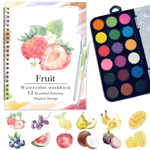 Cahier d'exercices aquarelle équipé de 16 couleurs et 12 motifs de fruits