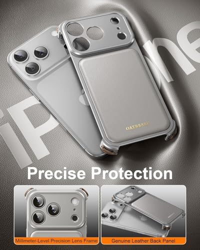 Image of Luxury Leather Phone Case Compatible with iPhone 17 Pro | Frameless Aluminum Alloy Bumper | Shockproof Cover - Silver