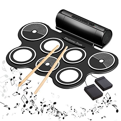 Batteria Elettronica, Roll-Up Tamburo Set Altoparlante Doppi Incorporato con 7 Pads Bacchette Pedali Jack per Cuffie Portatile Pieghevole Drum, Compleanno Natale Regalo per Bambini Principianti Adulti